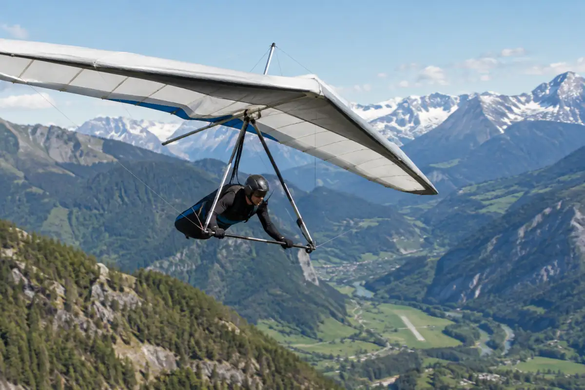 Pilote de deltaplane en vol de distance sous une aile delta, en virage thermique au-dessus d’une vallée alpine.