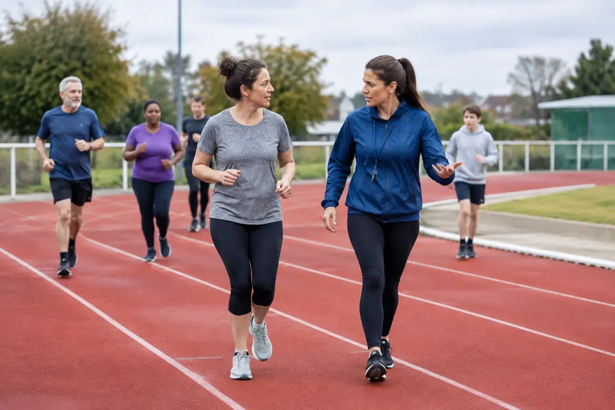 Un entraîneur accompagne un adulte débutant lors d’un footing facile sur une piste d’athlétisme pendant une séance de club.