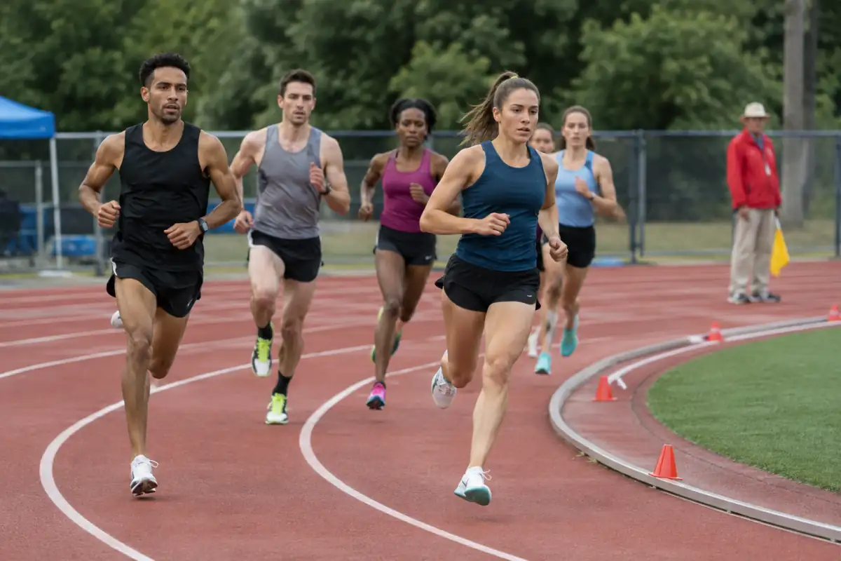 Coureurs de 800 m approchant la ligne de rabattement après le premier virage, avec les couloirs et les repères visibles.