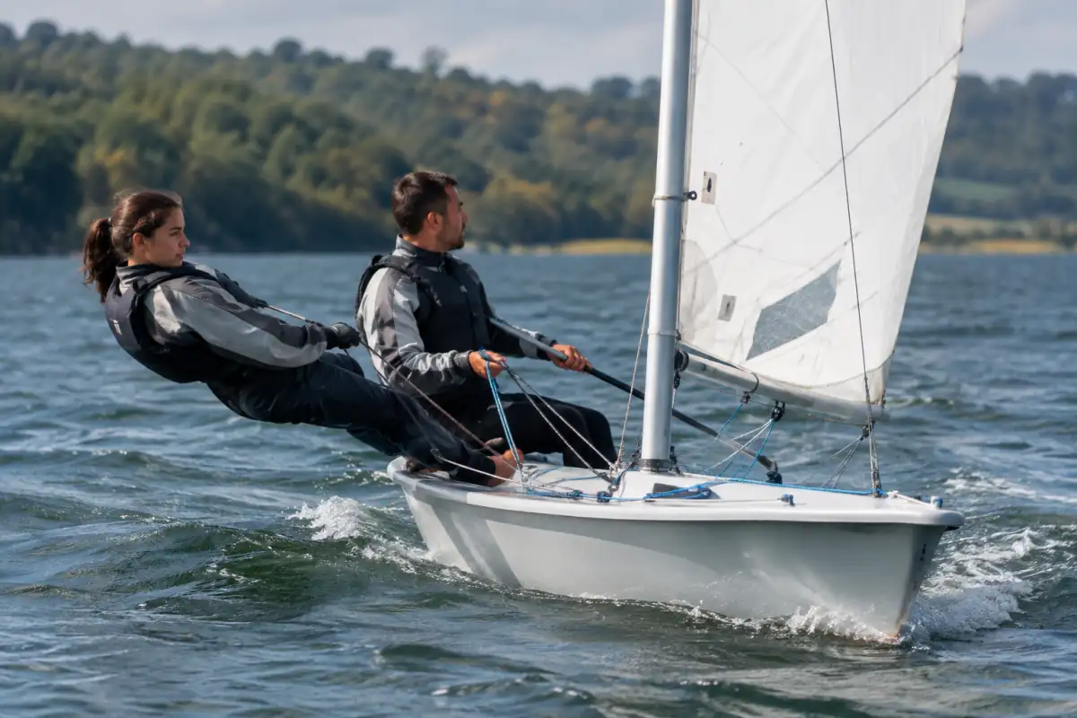 Deux navigateurs en gilet règlent les voiles et équilibrent leur dériveur sur un lac français par vent modéré.