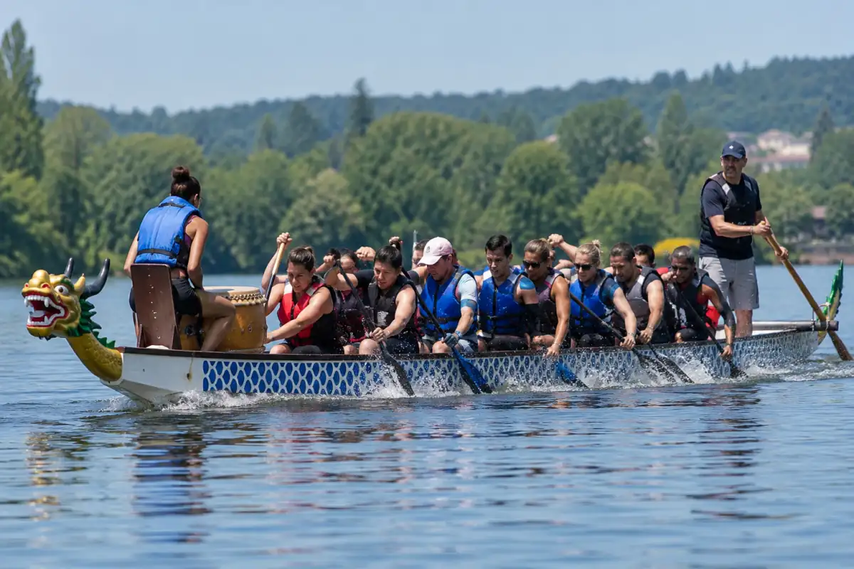 Équipage mixte en course de dragon boat, pagayant en cadence dans une pirogue ornée d’une tête de dragon.
