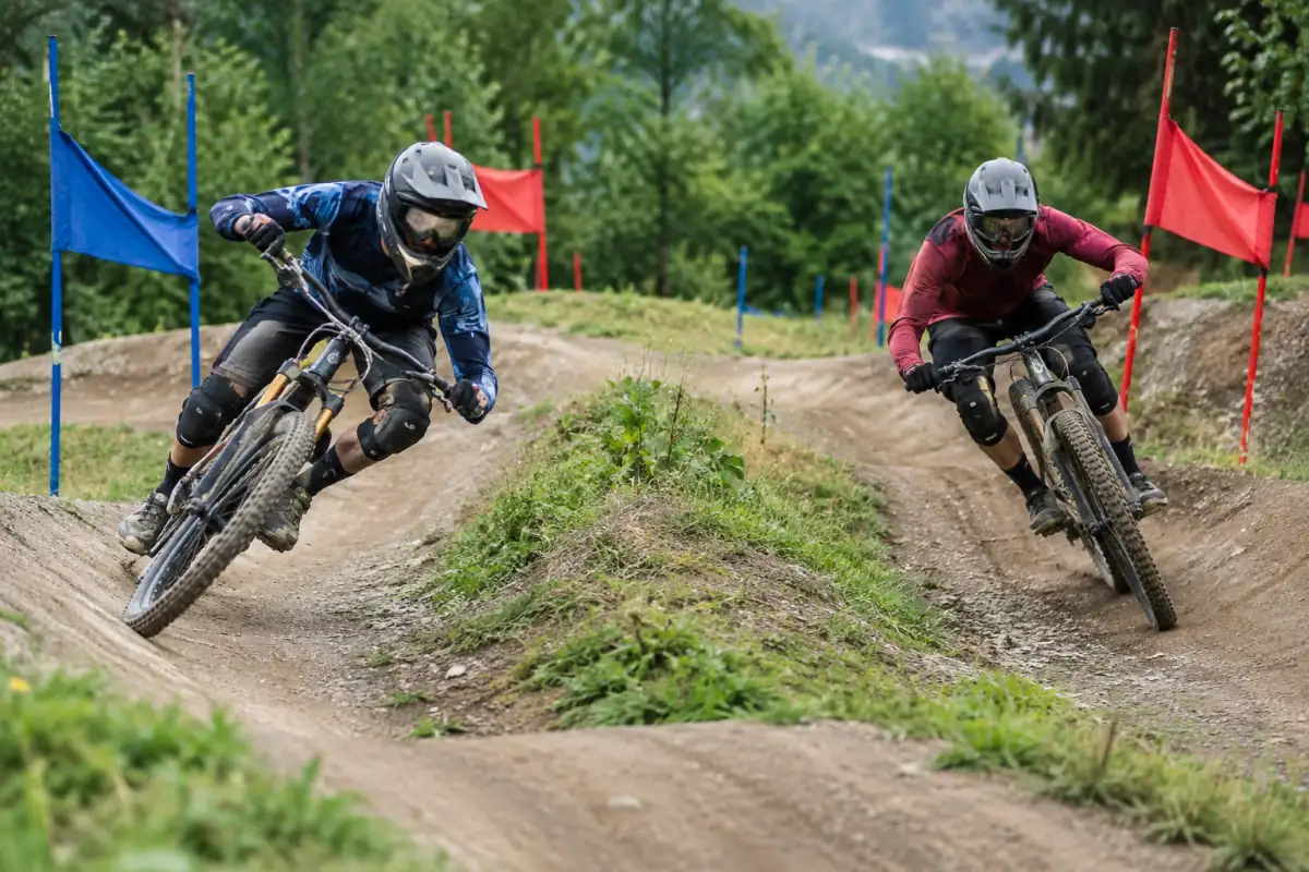 Deux vététistes en casque intégral négocient des virages relevés sur les pistes parallèles d’une course de dual slalom VTT.