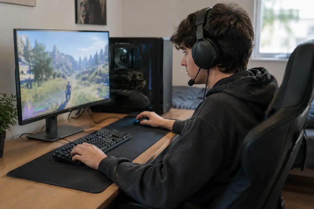 Un débutant règle sa souris devant un écran de jeu, avec clavier et casque posés sur un bureau aménagé pour l’e-sport.
