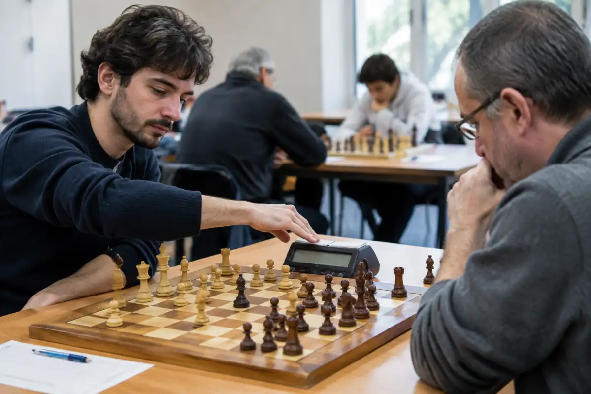 Deux joueurs disputent une partie d’échecs blitz en club, avec une pendule numérique et un échiquier en milieu de partie.
