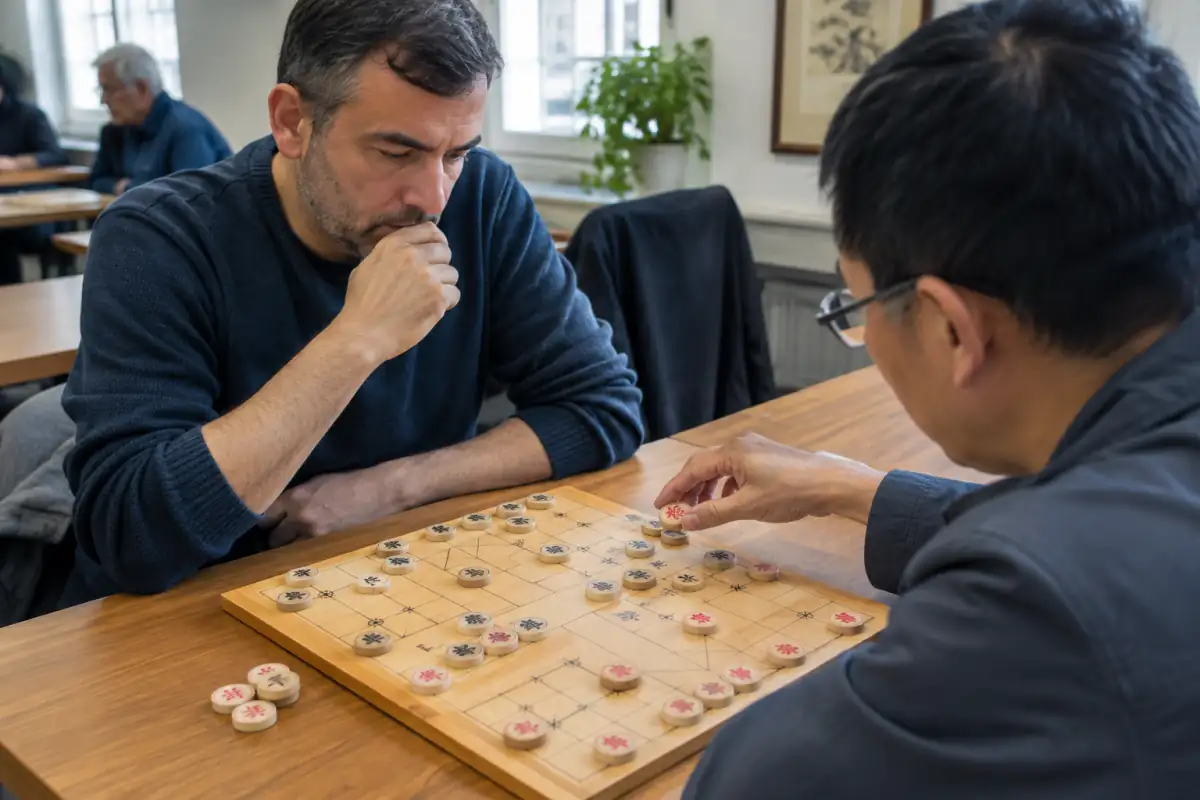 Deux joueurs disputent une partie d’échecs chinois sur un plateau de xiangqi, les pièces rondes alignées sur les intersections autour de la rivière.