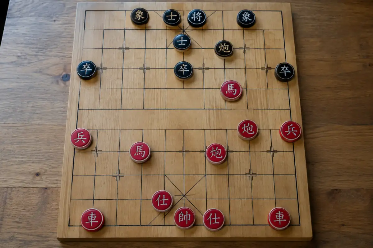 Plateau de xiangqi montrant un canon prêt à capturer une pièce adverse en sautant un unique écran sur la ligne.