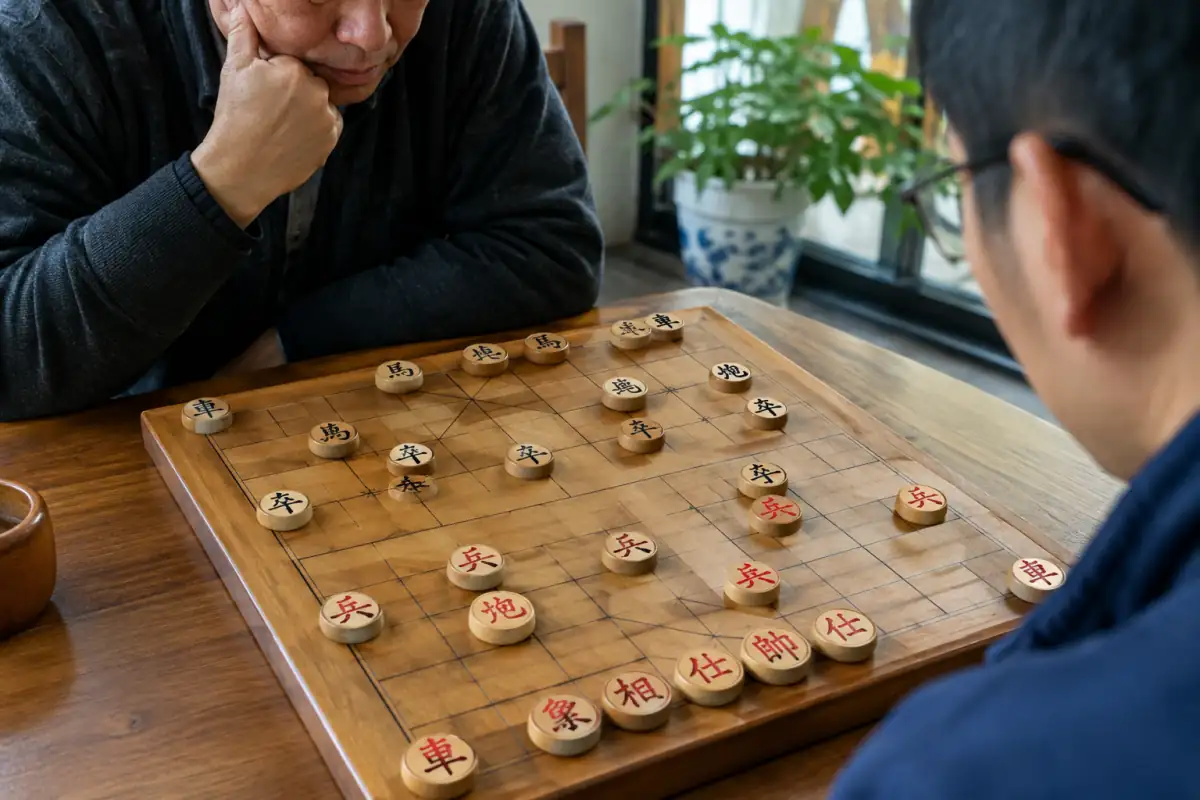 Plateau de xiangqi vu de près, avec pièces rouges et noires posées aux intersections et rivière centrale clairement visible.