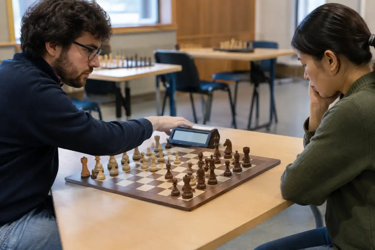Deux joueurs disputent une partie d’échecs rapides en club, avec un échiquier réglementaire et une pendule numérique.