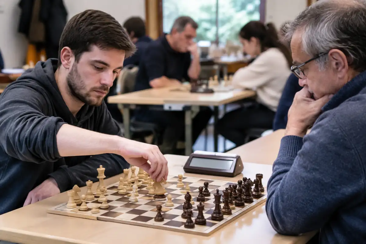 Deux joueurs disputent une partie d’échecs en club, avec un échiquier réglementaire et une pendule numérique.