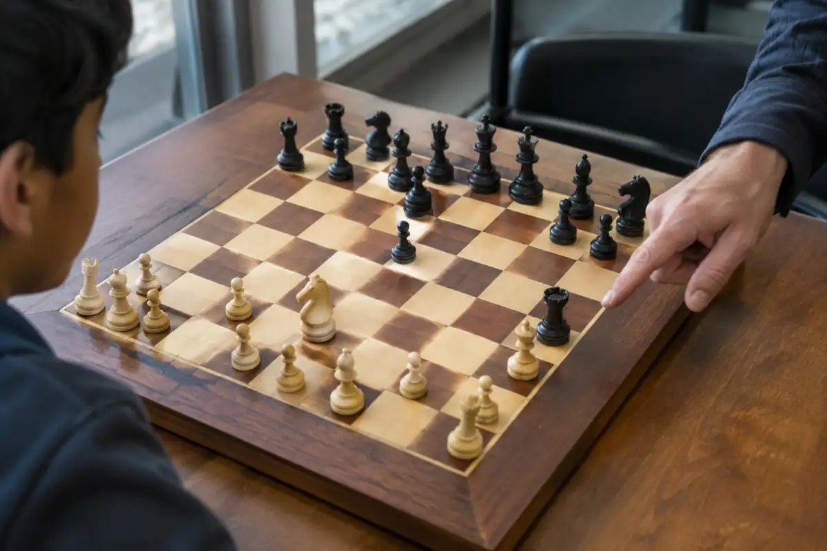 Échiquier orienté avec pièces en situation de jeu, illustrant les déplacements légaux, la prise et la menace d’échec au roi.