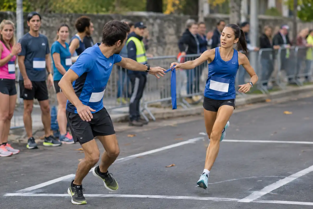 Deux coureurs se transmettent une ceinture témoin dans une zone balisée pendant un ekiden sur route en France.