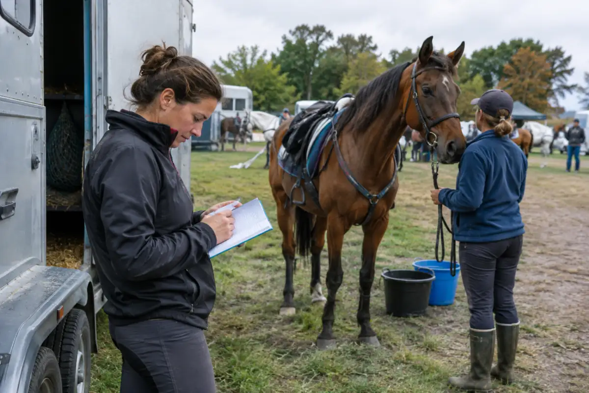 Cavalier et bénévole près d’un van, préparant le budget d’une sortie d’endurance avec un cheval de club.