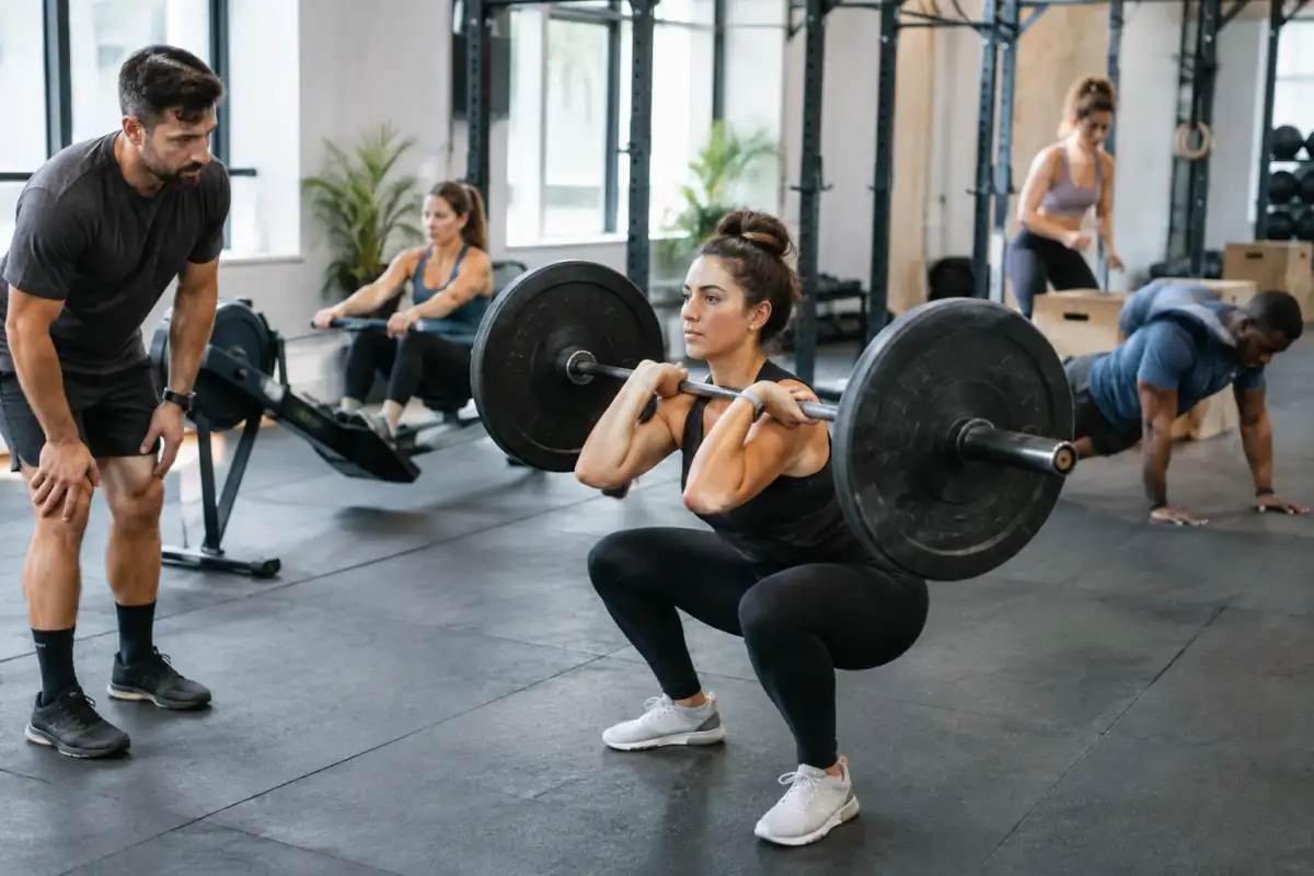 Une athlète réalise un squat avec barre sous l’œil d’un coach dans une salle de fitness fonctionnel équipée.