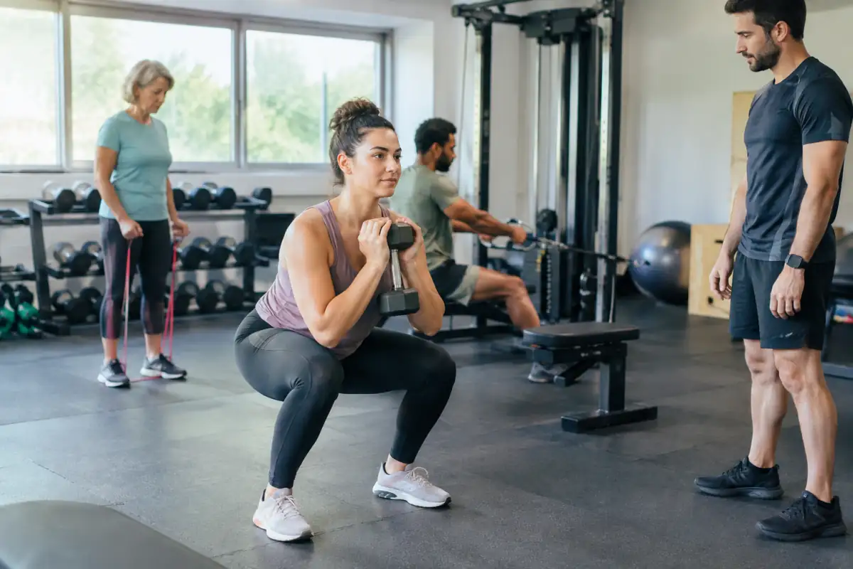 Séance de fitness en salle : une débutante réalise un squat avec haltère sous le regard d’un coach.