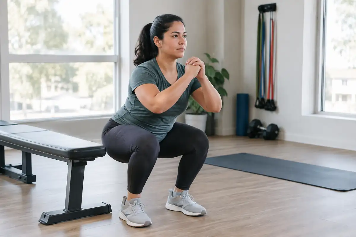 Une personne réalise un squat contrôlé près d’un banc, illustrant le renforcement musculaire et le travail de mobilité.