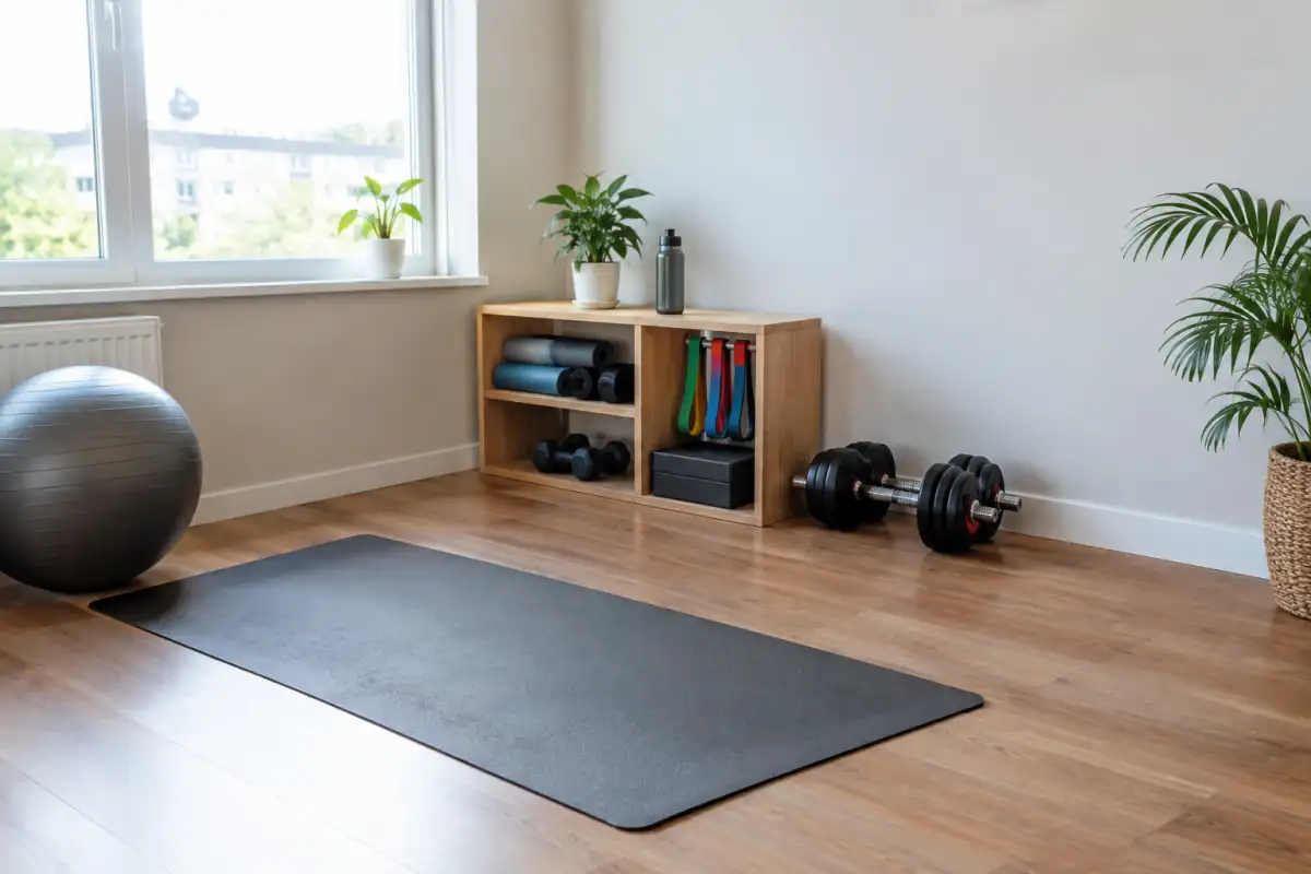 Espace de fitness à domicile dégagé avec tapis, bandes élastiques et haltères réglables rangés au sol.