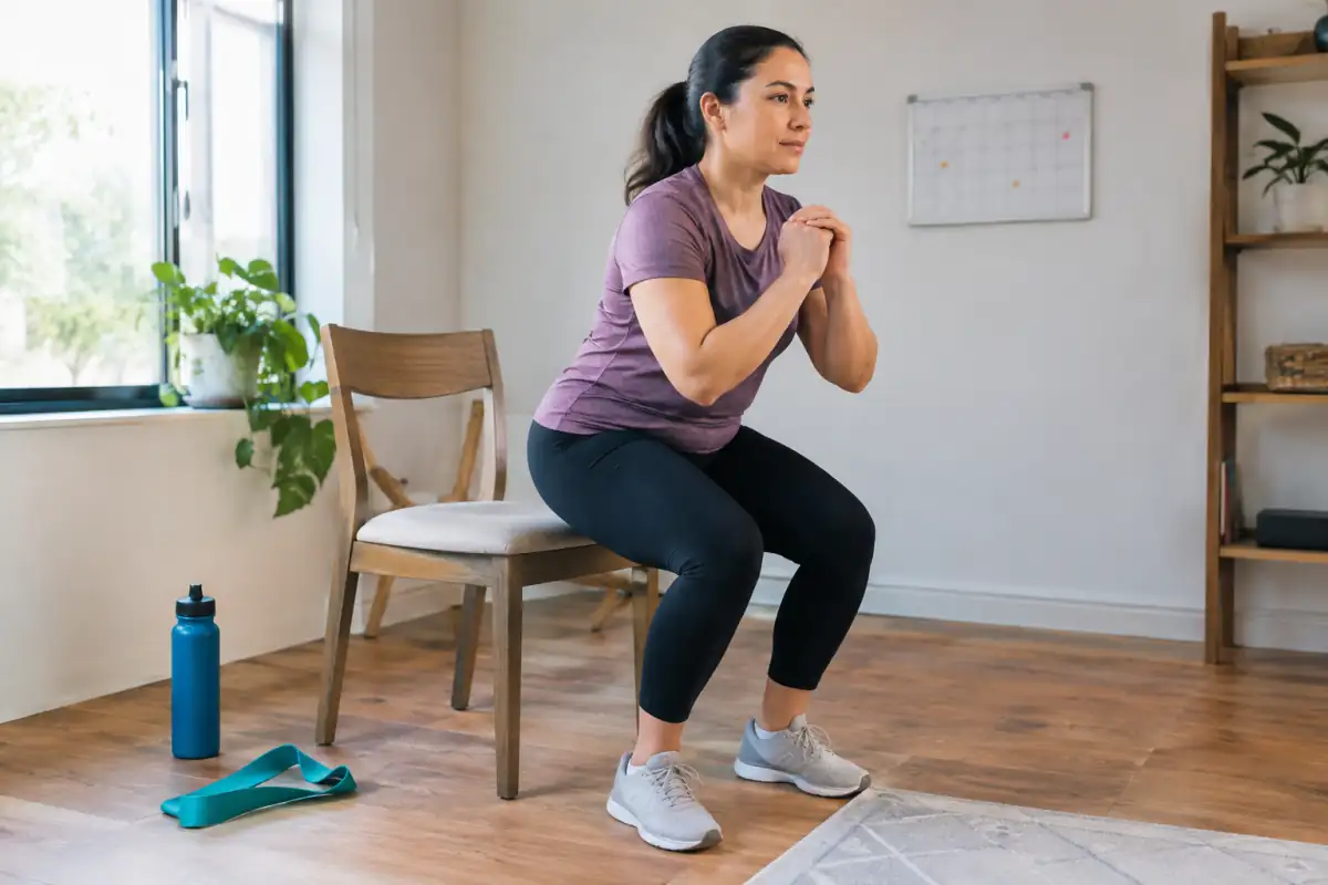 Débutant réalisant un squat contrôlé près d’une chaise, avec un élastique et un calendrier de séances espacées.