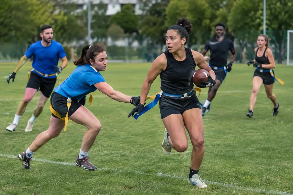 Action de flag football sur un terrain en France : un défenseur tente de retirer le drapeau du porteur du ballon.