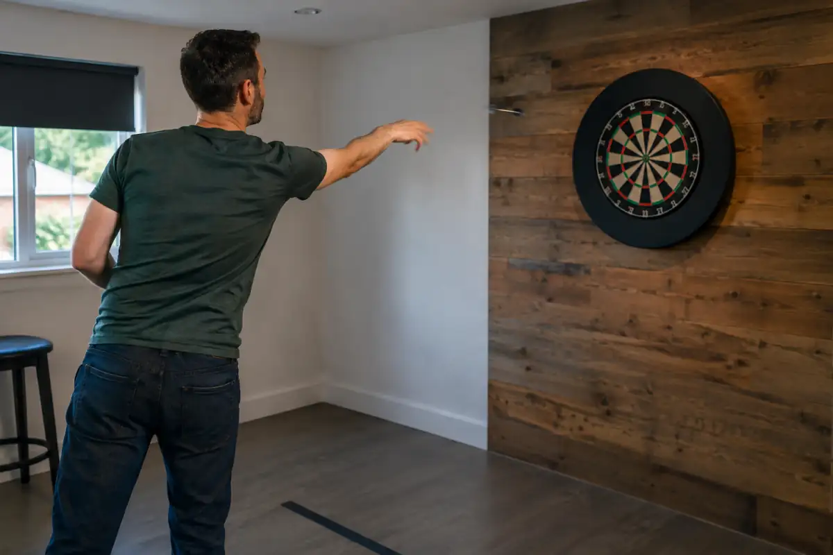 Joueur de fléchettes répétant son lancer devant une cible acier, avec l’oche visible et une posture stable.