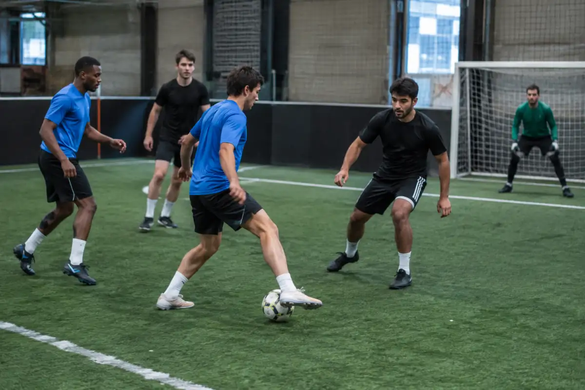 Match de football à 5 sur gazon synthétique : un joueur effectue une passe courte tandis que ses partenaires se démarquent.