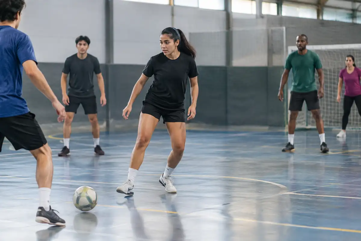Un débutant reçoit une passe courte pendant une partie loisir de football à 5 en salle, entouré de partenaires prêts à jouer.