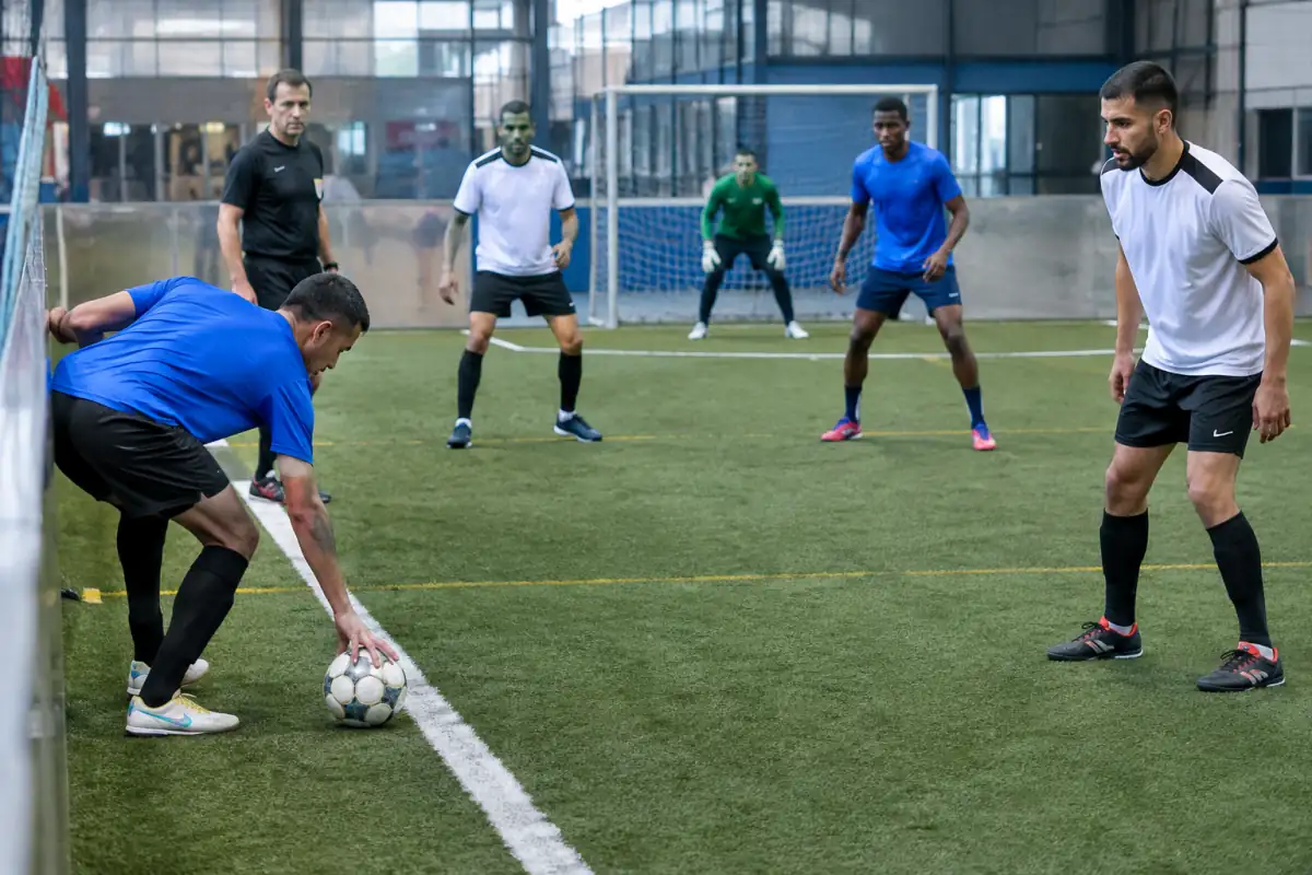 Joueur plaçant le ballon sur la ligne pour une remise en jeu dans un centre de football à 5 avec parois vitrées.