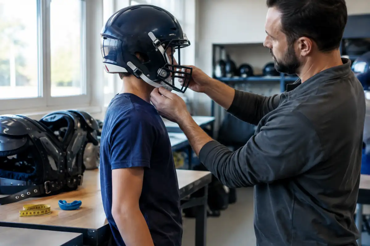 Un entraîneur ajuste le casque d’un débutant, avec les épaulières et les protections posées à proximité dans le vestiaire du club.