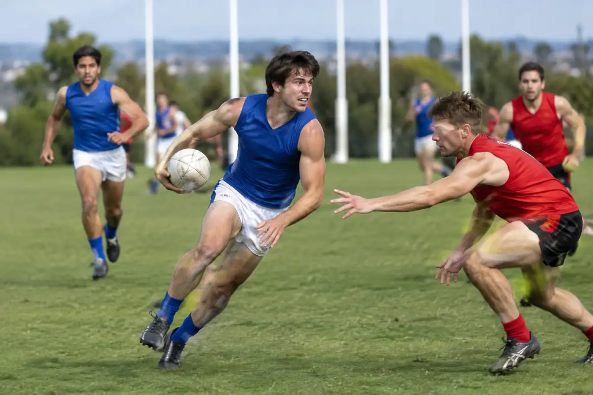 Action de football australien international sur terrain ovale : un porteur du ballon rond esquive un plaquage face à ses adversaires.