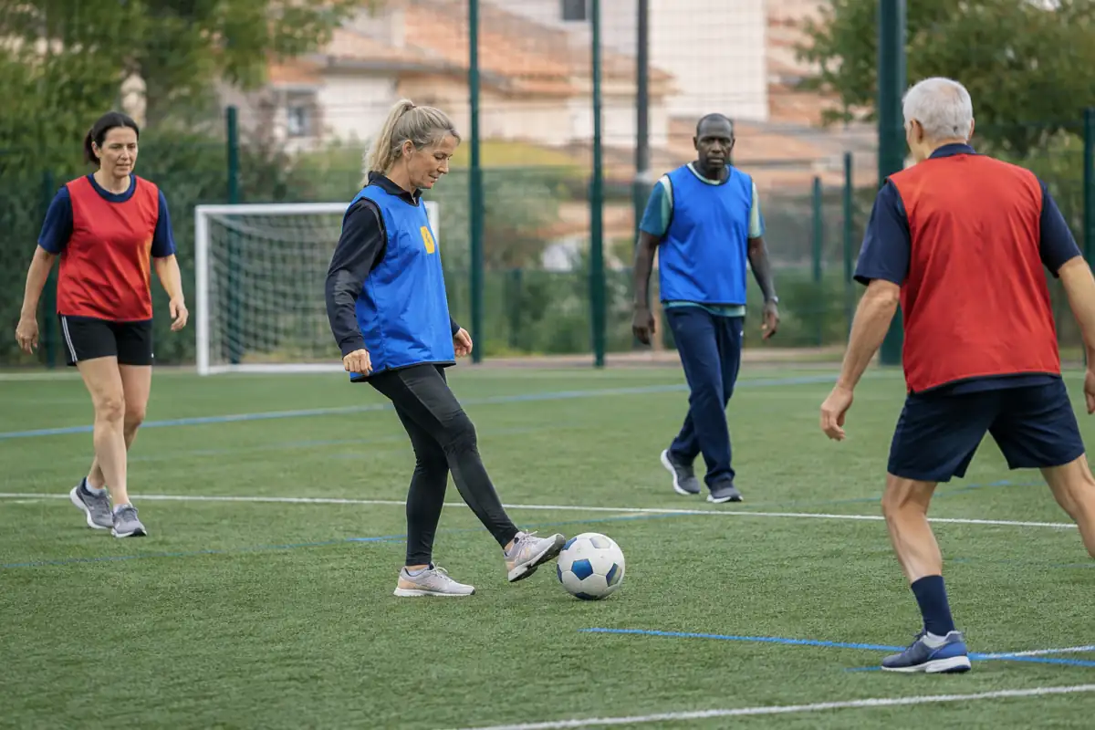Séance de football en marchant en France : des joueurs avancent au pas sur un terrain synthétique, ballon au pied et sans contact.
