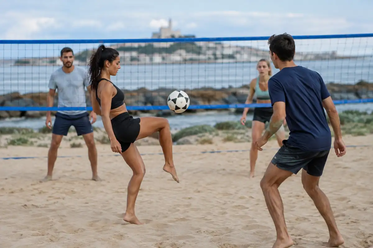Échange de footvolley sur le sable : un joueur contrôle le ballon avec la cuisse tandis que son partenaire se replace.