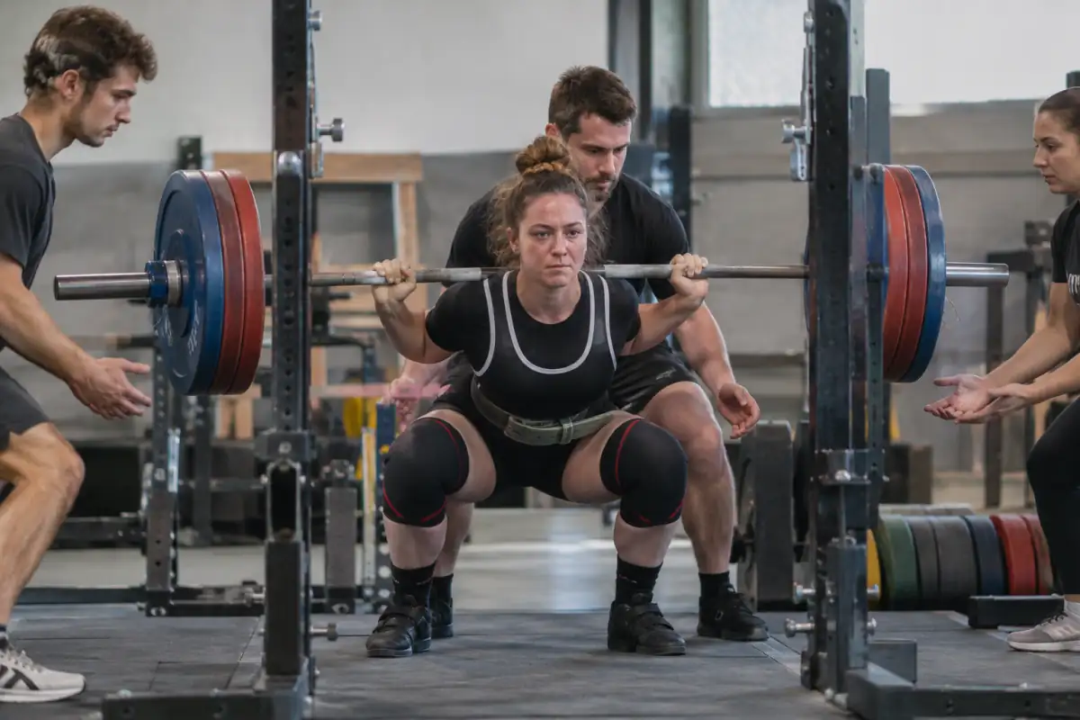Une athlète en singlet réalise un squat sous une barre chargée, encadrée par des pareurs dans une salle de force athlétique.