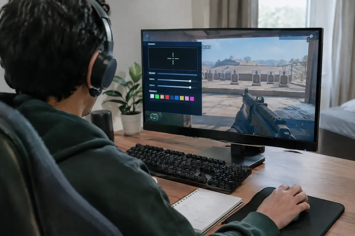 Débutant en FPS esport qui teste son réticule dans un mode d’entraînement avant ses premières parties d’équipe.