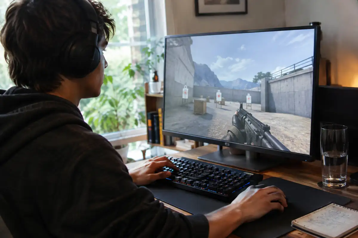 Joueur de FPS travaillant sa visée sur un stand d’entraînement, avec une posture détendue et un carnet de suivi à proximité.