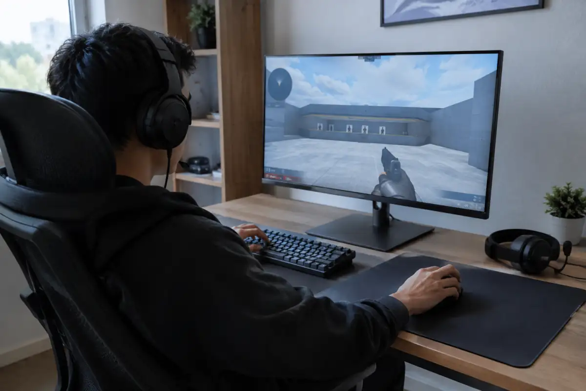 Installation de débutant pour FPS esport : souris sur grand tapis, écran de jeu et casque-micro posés près du clavier.