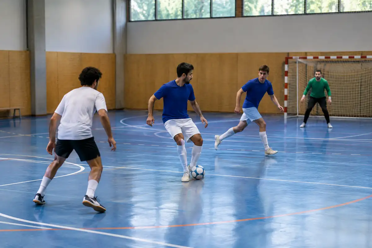 Action de futsal en 3-1 : un pivot reçoit le ballon, un partenaire permute et un autre joueur reste en couverture derrière l’attaque.