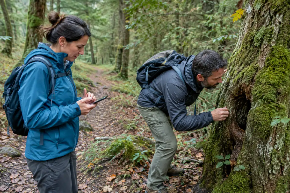 Deux géocacheurs consultent un GPS et cherchent une petite cache près d’un sentier forestier en France.