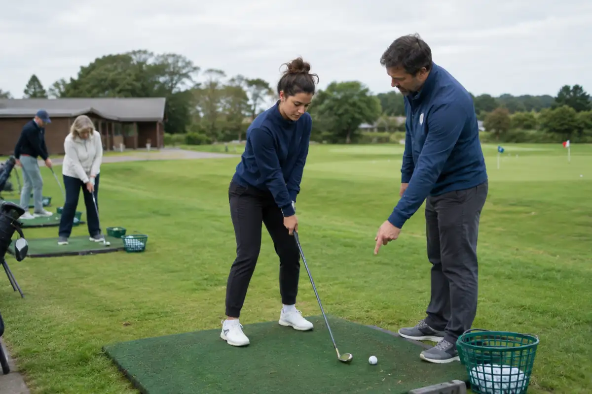 Un adulte débutant travaille son alignement au practice avec un club prêté, accompagné par un enseignant de golf.