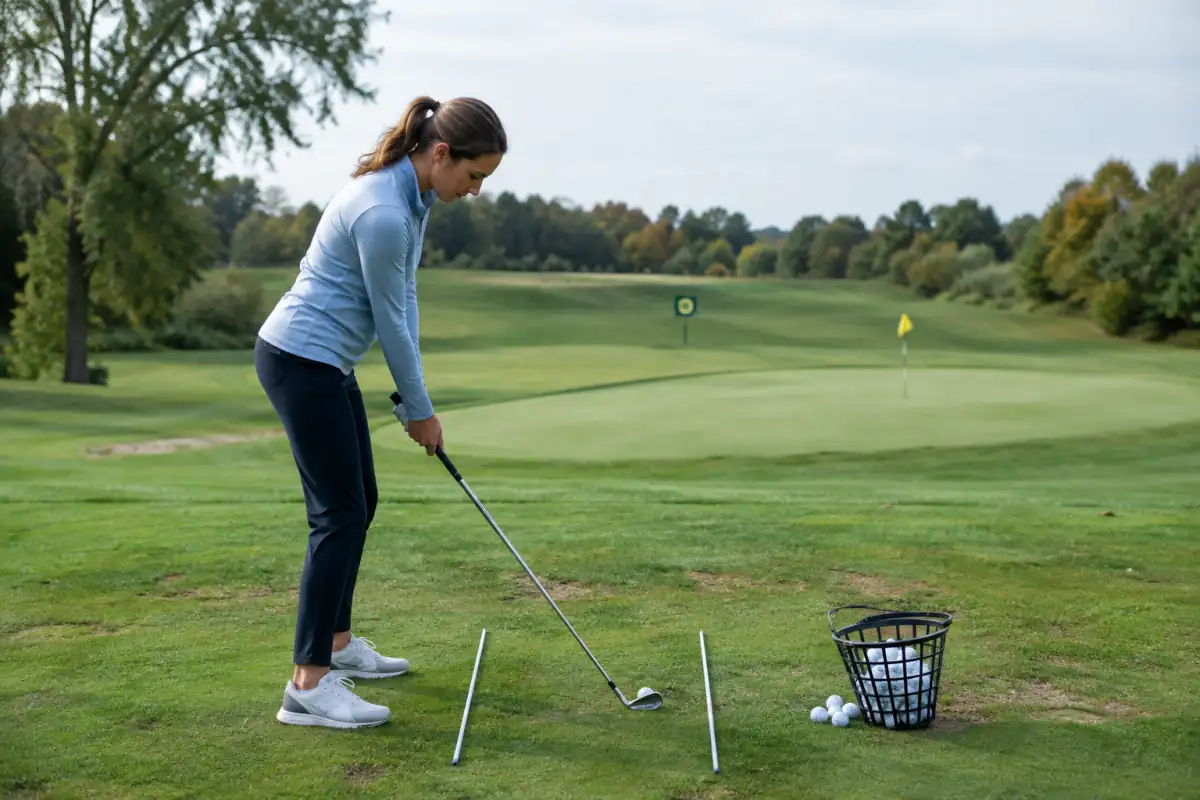 Golfeur débutant au practice travaillant un demi-swing au fer avec des repères d’alignement avant une séance de putting.