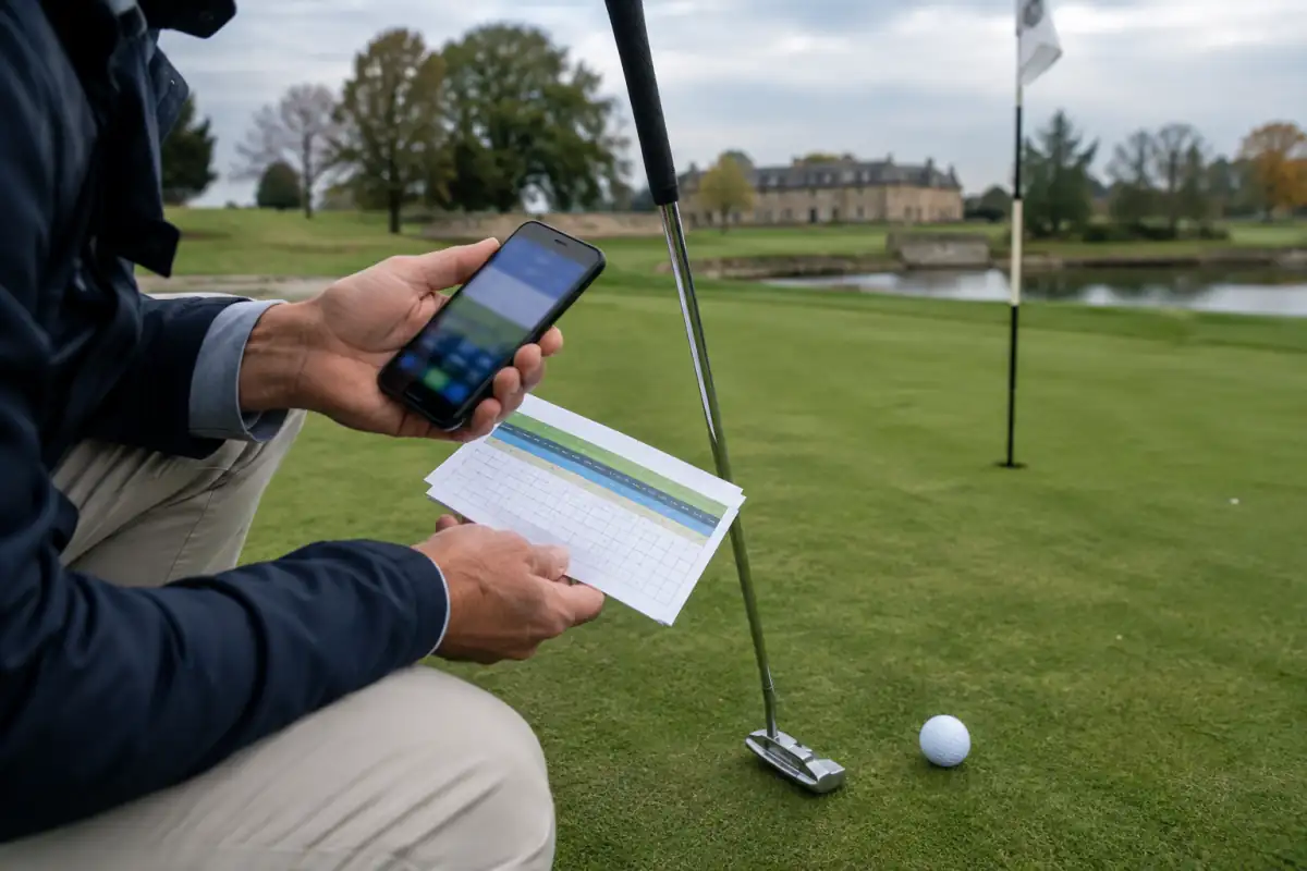 Un golfeur amateur consulte sa carte près du green après une partie, pour suivre ses scores et comprendre son index.