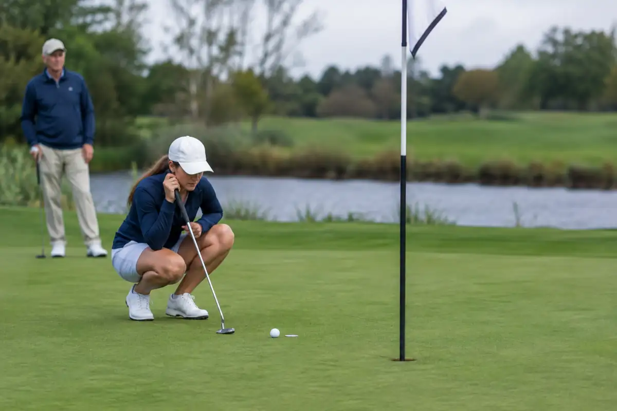 Un golfeur prépare un putt sur le green, balle marquée et drapeau laissé dans le trou, tandis qu’un partenaire attend.
