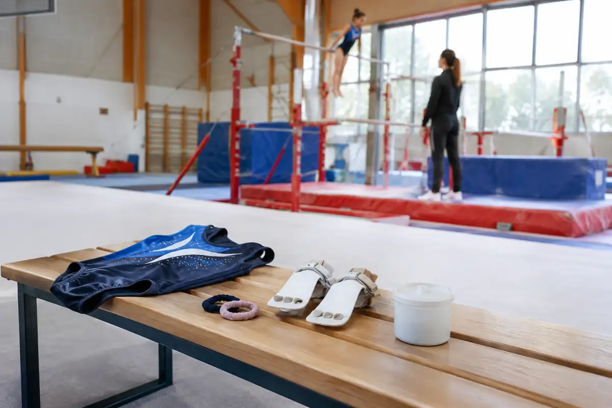Tenue de gymnastique, grips et petit pot de magnésie préparés près des barres asymétriques d’un club.