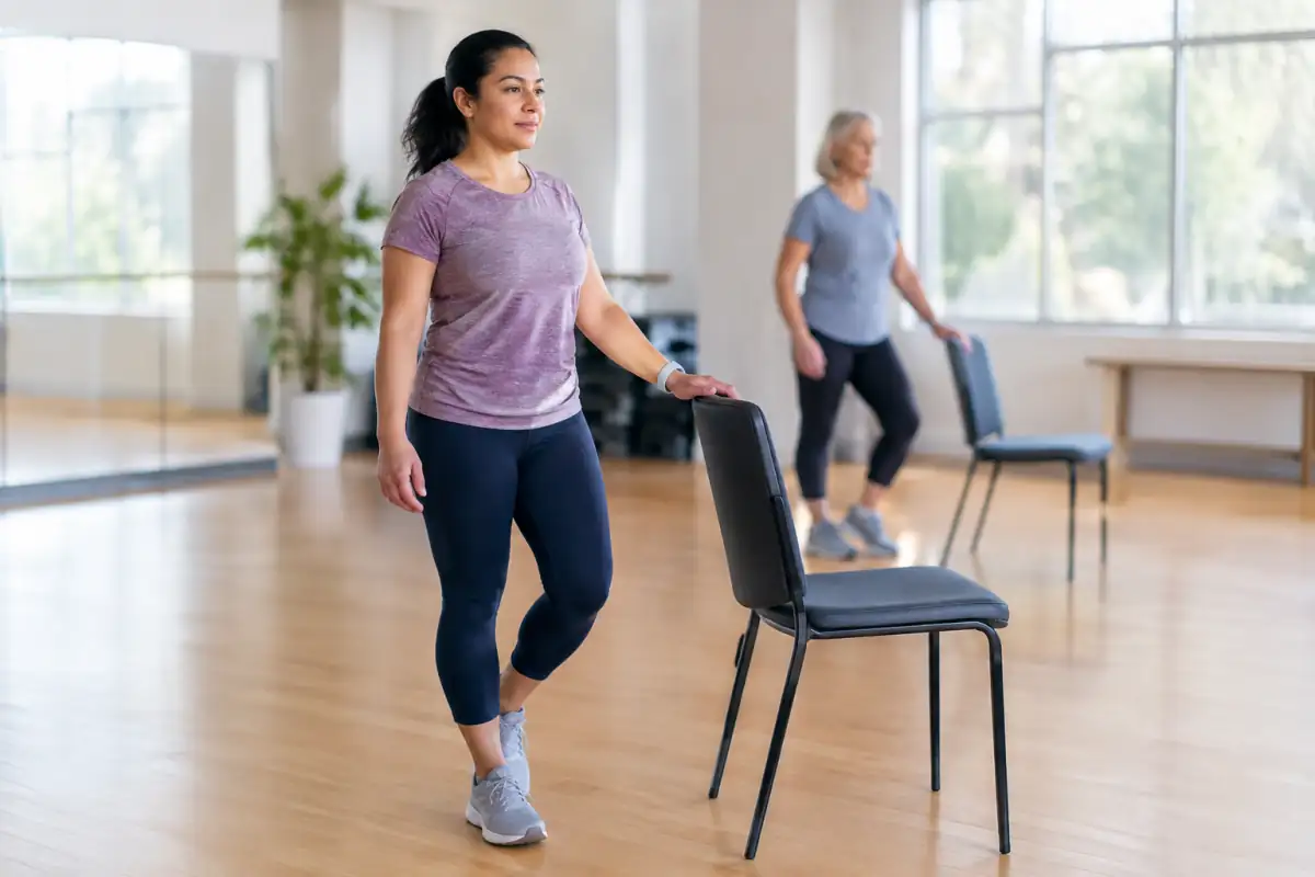Une personne travaille doucement son équilibre debout, près d’une chaise stable, dans une salle lumineuse.