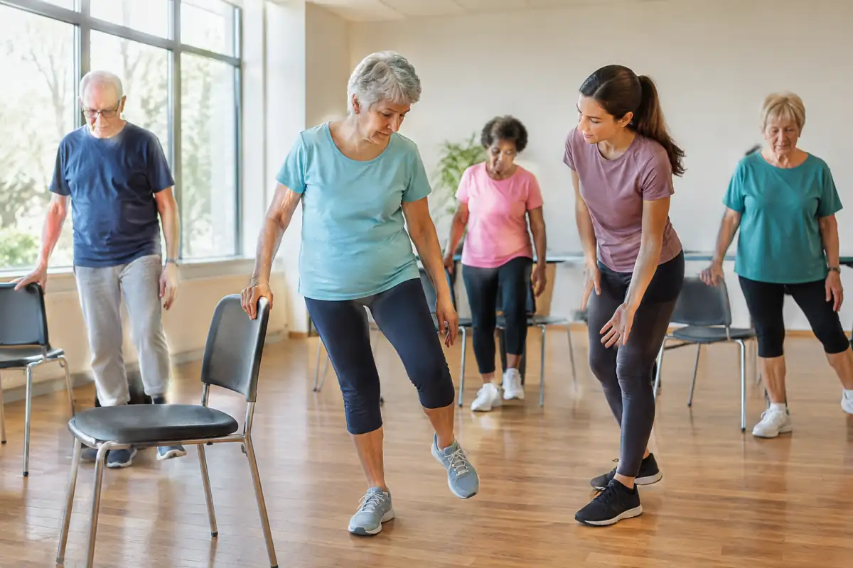 Cours de gymnastique douce en salle : une participante travaille l’équilibre avec une chaise stable à proximité.