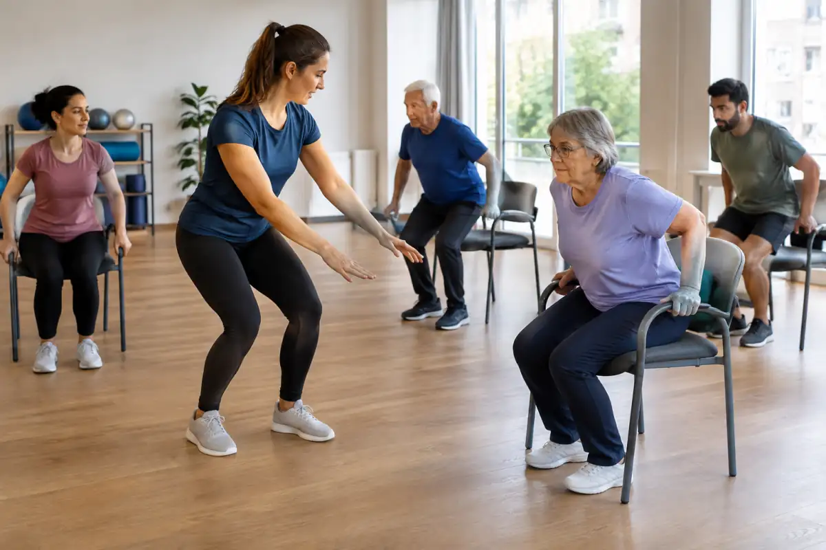 Un enseignant montre un lever de chaise adapté à des débutants pendant un cours de gymnastique douce en salle.