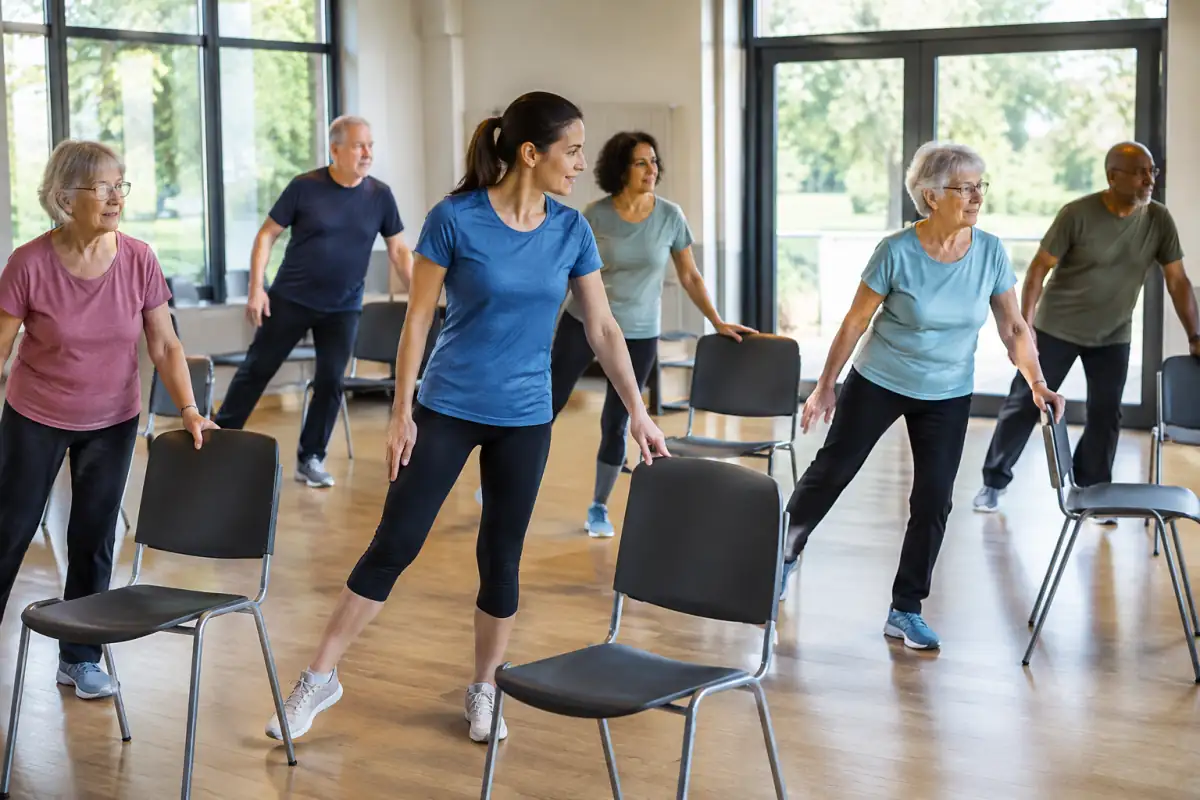 Séance de gymnastique senior en salle : des participants travaillent leur équilibre près de chaises stables avec une encadrante.