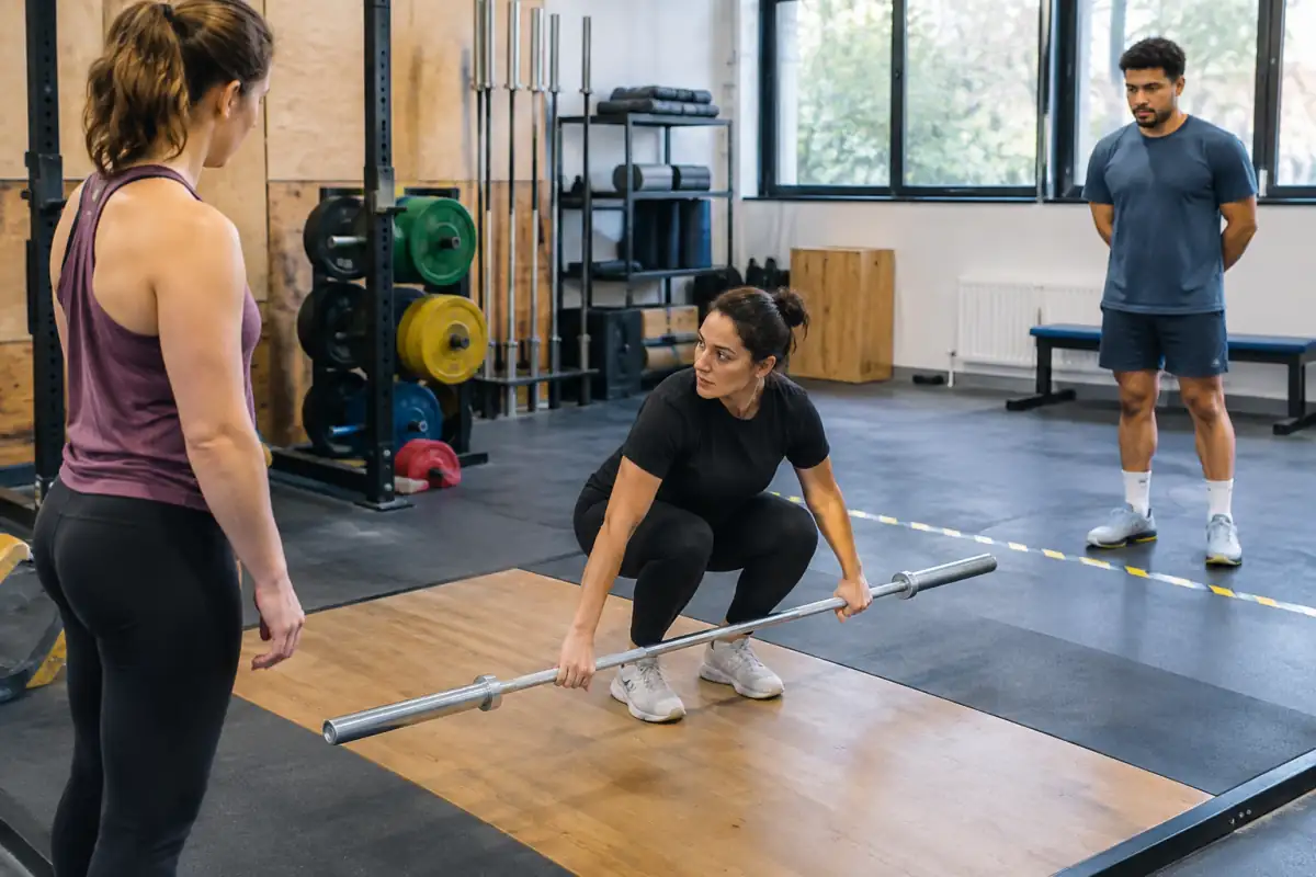 Un coach montre à une débutante le placement de départ avec une barre légère sur la plateforme du club.