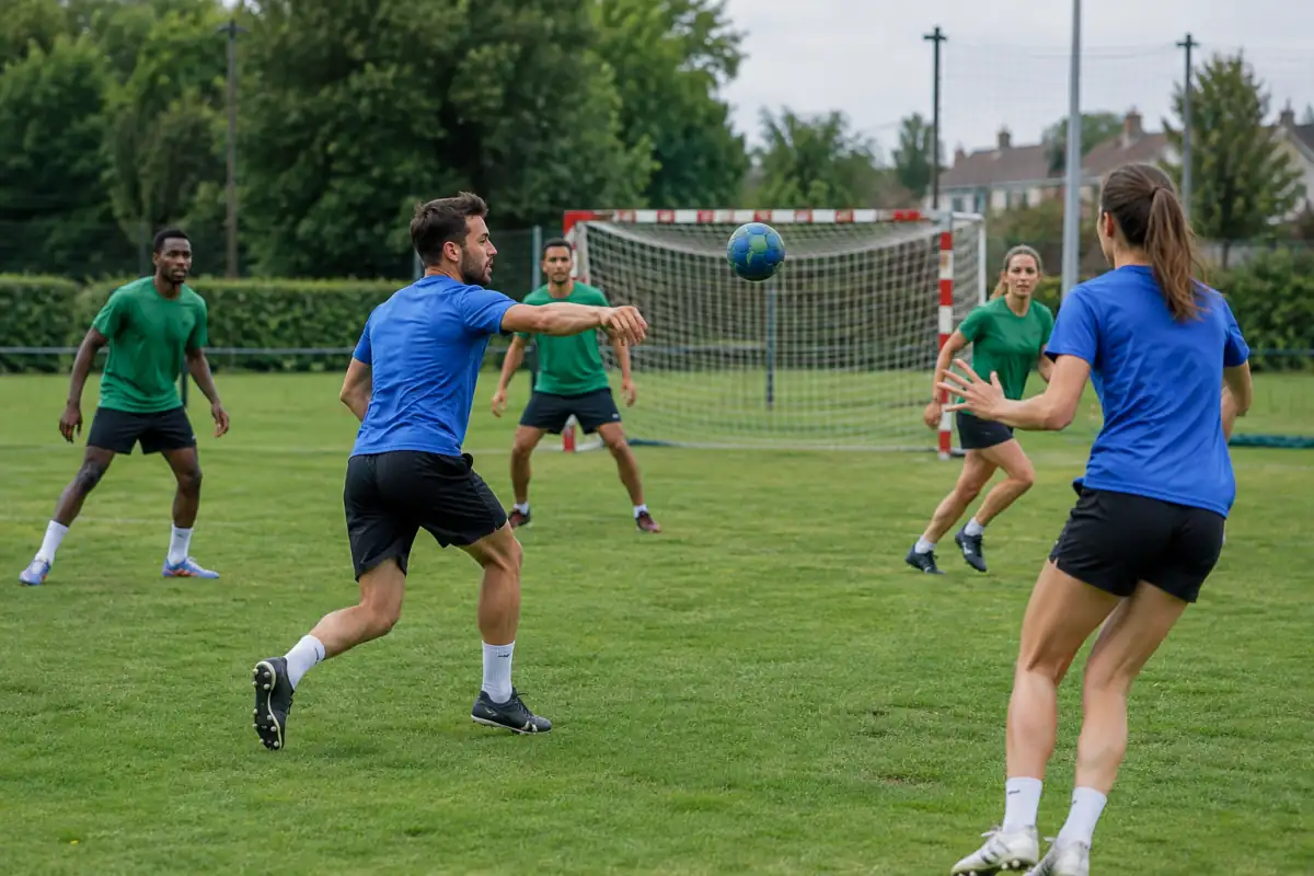 Des joueurs disputent une partie de handball sur gazon à onze sur une grande pelouse, avec passes en mouvement et but gardé.