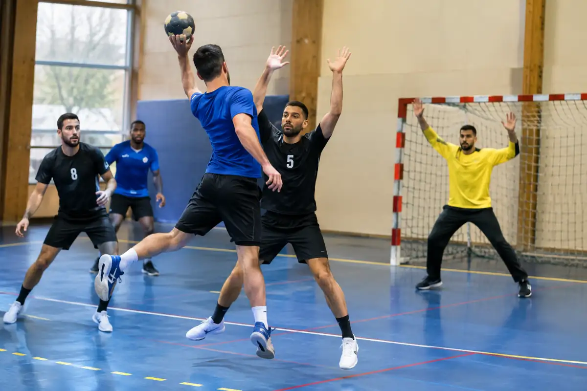Un joueur de handball tire en suspension vers le but pendant qu’un gardien et des défenseurs tentent de bloquer le ballon.