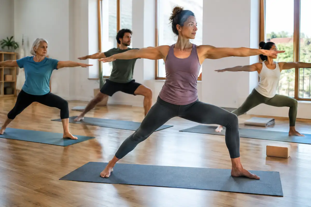 Cours de hatha yoga en studio : une enseignante montre la posture du guerrier II sur un tapis antidérapant.