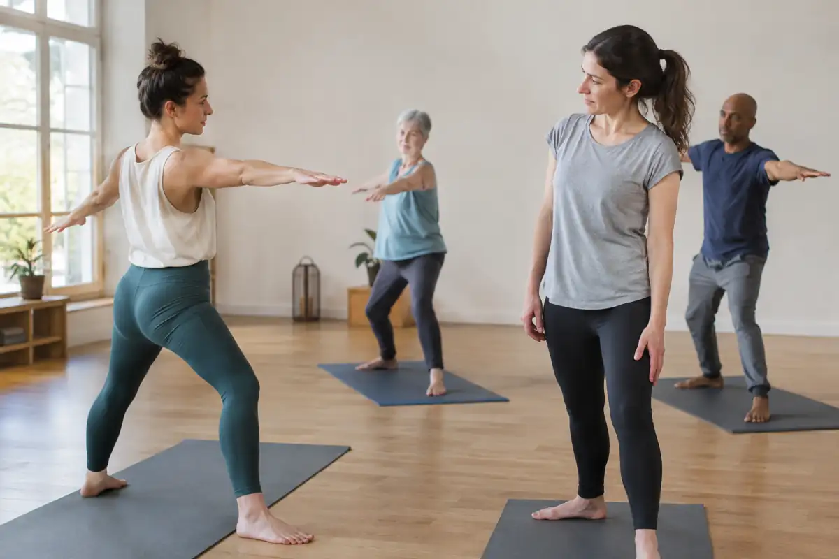 Un débutant observe une démonstration de mouvement pendant un cours calme de hatha yoga, sans chercher à forcer l’amplitude.